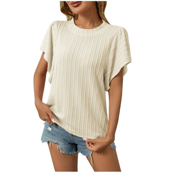 Womens Knitted Summer Tops, Short Sleeve Shirts for Women Fall Fashion Loose Fit Solid Color Ruffle Crewneck Pullover Sweaters