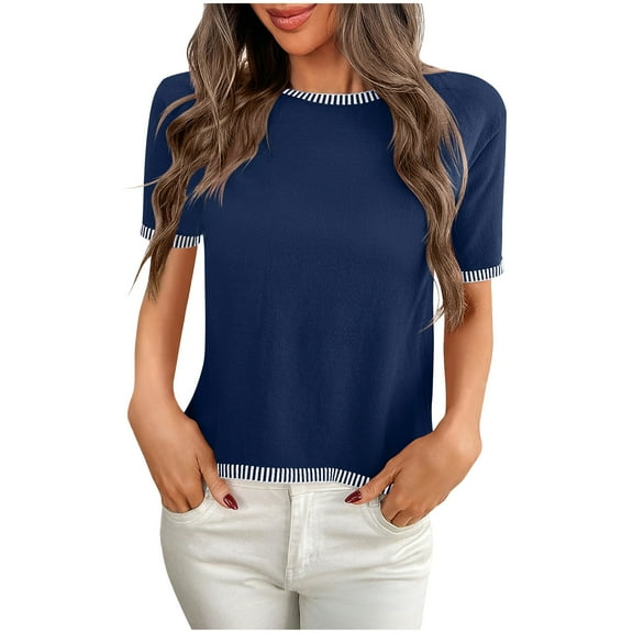 Womens Knitted Summer Tops, Short Sleeve Shirts for Women Fashion Loose Fit Solid Color Striped Printed Crewneck T-Shirts