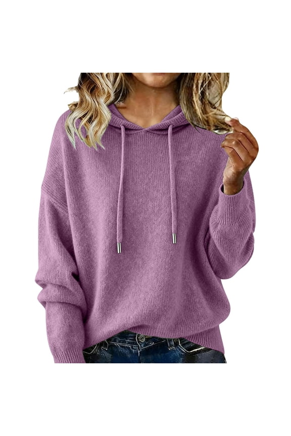 Womens Knitted Sweater Hoodies, Long Sleeve Pullover for Women Plus Size Fashion Loose Fit Solid Color Drawstring Hooded Sweaters