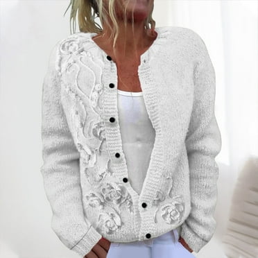 Womens Knitted Sweater Jacket Floral Pattern Fashion Casual Button Down Cardigan Sweaters Outwear Fall Winter Coat (XL, White)
