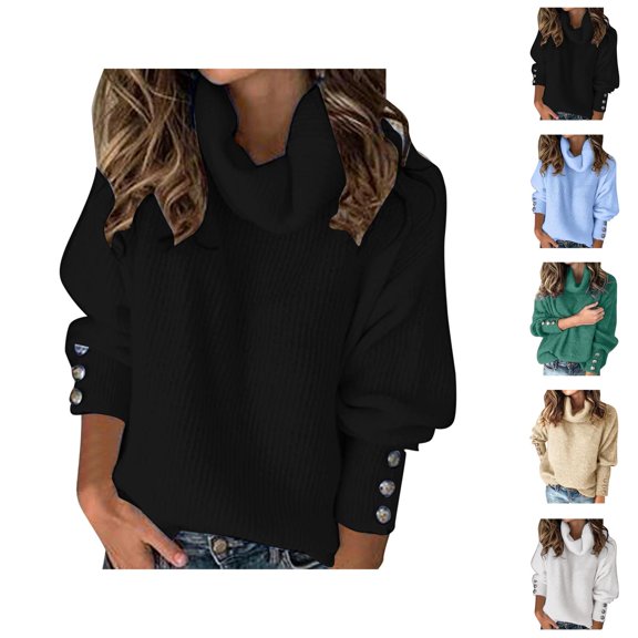 Womens Knitted Sweater Winter Fashion Solid Color Bow Collar Button Detail Casual Warm Long Sleeve Top for Fall and Winter
