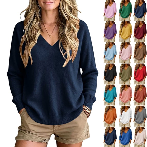 Womens Knitted Sweaters Dressy Casual Lightweight V Neck Long Sleeve Pullover Knit Top,Office Workwear,Fall Winter Layering