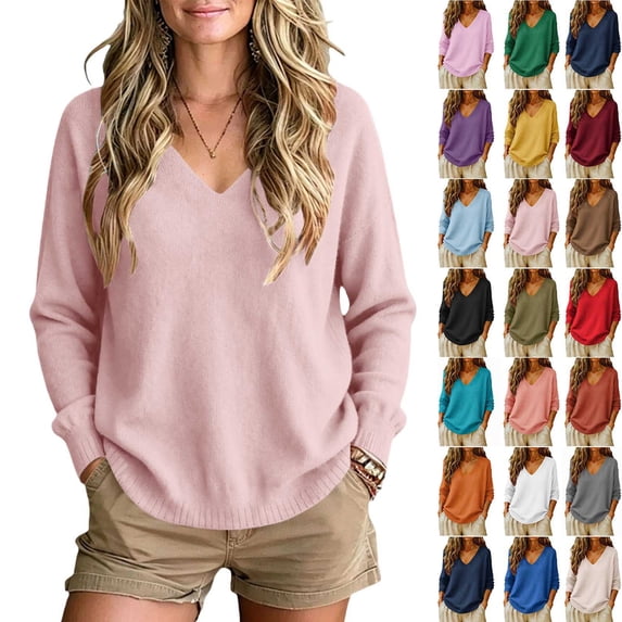 Womens Knitted Sweaters Dressy Casual Lightweight V Neck Long Sleeve Pullover Knit Top,Office Workwear,Fall Winter Layering