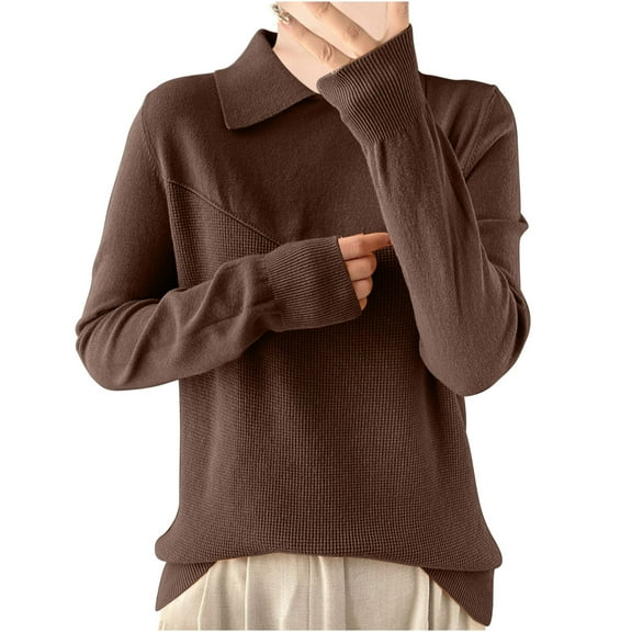 Womens Knitted Tops Casual Lapel Collar Long Sleeve Sweaters Fall Soft Comfy Loose Solid Color Pullover Shirts (Coffee 2XL)