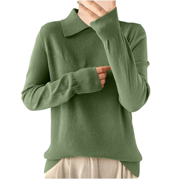 Womens Knitted Tops Casual Lapel Collar Long Sleeve Sweaters Fall Soft Comfy Loose Solid Color Pullover Shirts (Green 2XL)