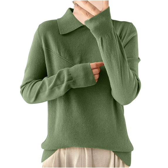 Womens Knitted Tops Casual Lapel Collar Long Sleeve Sweaters Fall Soft Comfy Loose Solid Color Pullover Shirts (Green L)