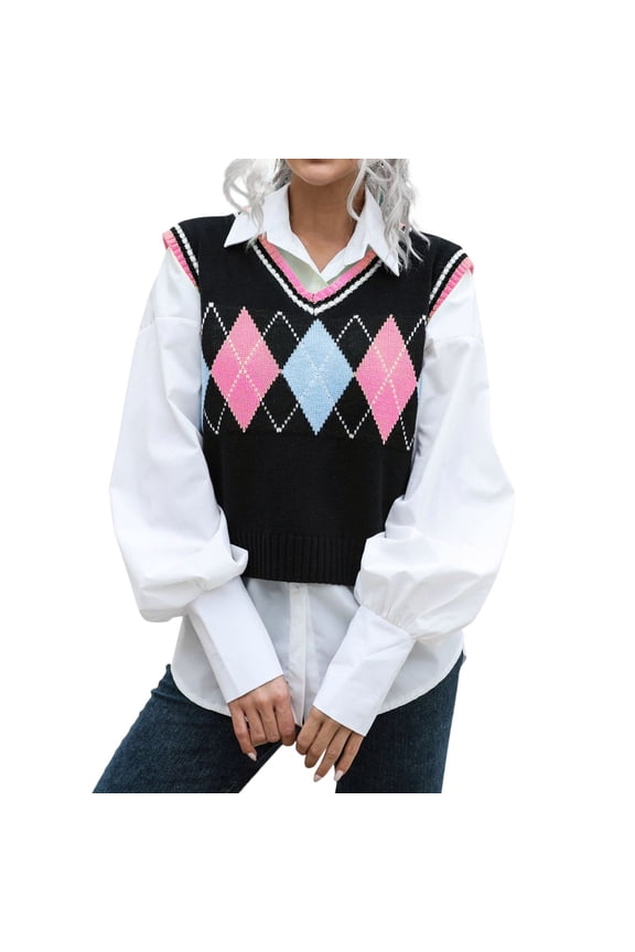 Womens Knitted Vest Sleeveless V Neck Diamond Plaid Knit Sweater Vest Crop Tank