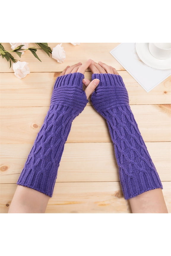 Womens Knitting Wool Half Finger Long Autumn Winter Warm Dew Sleeve Creased Handwear, D