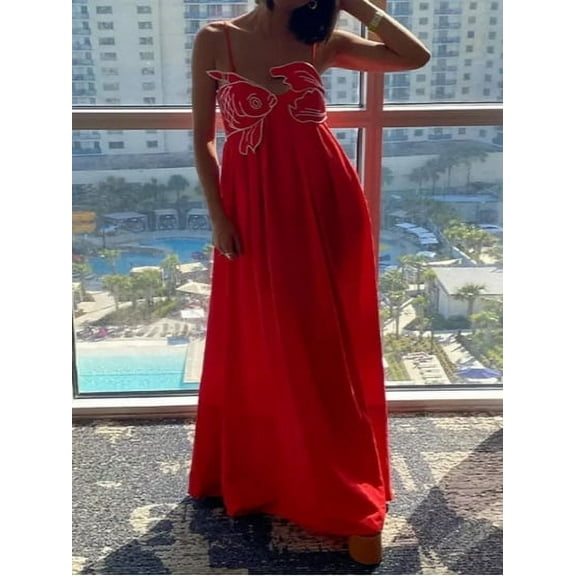 Womens Koi Fish Sleeveless Long Strap Dress High Waist 3D Fish Maxi Cami Dress