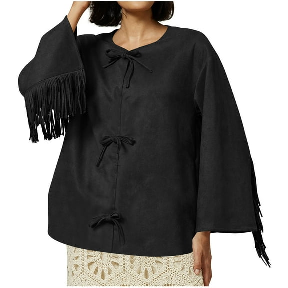 Womens Kong Fu Shirt Chinese Traditional Tang Suit Tai Chi Blouse Suede Velvet Solid Bow Drawstring Fashionable Casual Loose Tassel Round Neck tops 2025 Fall Clothes