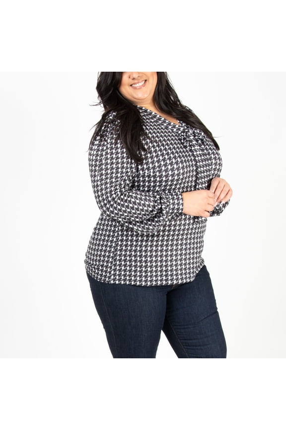 Womens L/XL Houndstooth Brushed Jersey V-Neck Tie Front Blouse by Howard's