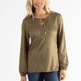 thumbnail image 1 of Womens L/XL Olive Green Abstract Print Brushed Jersey Tie Front Keyhole Long Sleeve Top by Howard's, 1 of 4