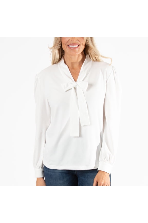 Womens L/XL White Brushed Jersey V-Neck Tie Front Blouse by Howard's