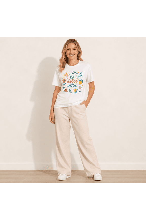 Womens La Dolce Vita Graphic T-Shirt, White Short Sleeve Crew Neck Summer Vacation Casual Tee with Fruit Flower Sun Print