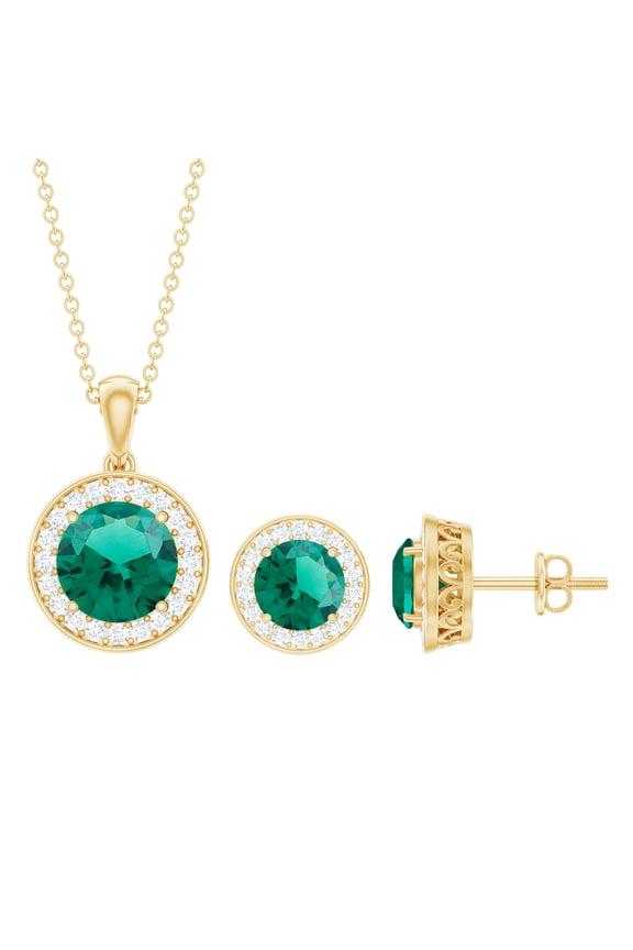 Certified Lab Grown Emerald Jewelry Set with Halo - AAAA Grade - Emerald Moissanite Pendant and Earring Set for Women, 14K Yellow Gold