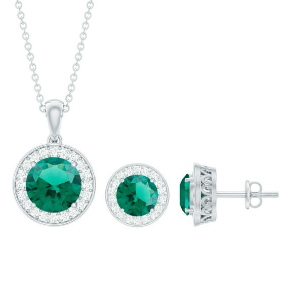 Rosec Jewels Certified Lab Grown Emerald Jewelry Set with Halo - AAAA Grade - Emerald Moissanite Pendant and Earring Set for Women, 18K White Gold