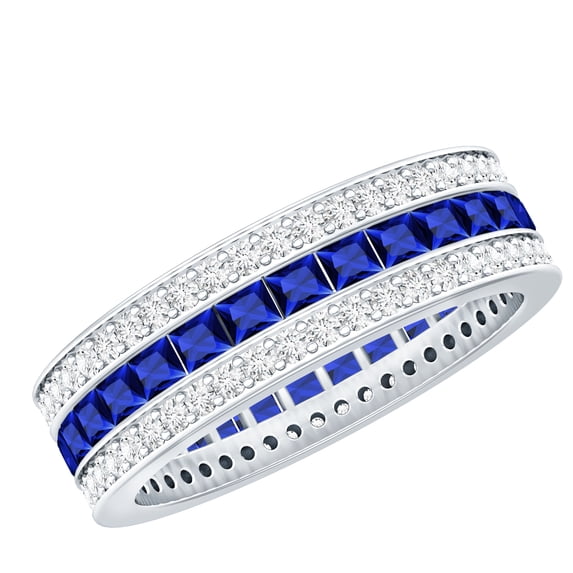 Rosec Jewels Womens Lab Grown Blue Sapphire Eternity Band Ring with Moissanite - AAAA Grade, 10K White Gold, US 3.50