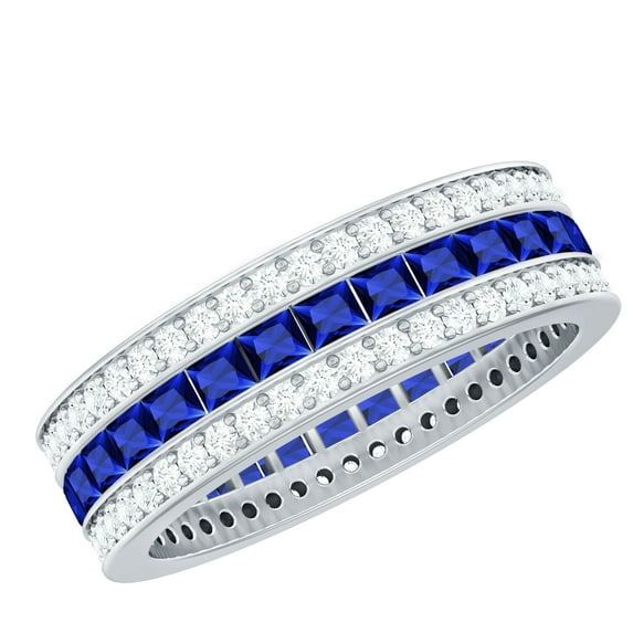 Rosec Jewels Womens Lab Grown Blue Sapphire Eternity Band Ring with Moissanite - AAAA Grade, 18K White Gold, US 4.50