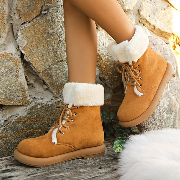 Womens Lace Up Ankle Snow Boots Fashion Casual Winter Fleece Lined Short Shaft Solid Color Round Toe Low Heel Boots For Everyday Comfort Snow Boots For Women
