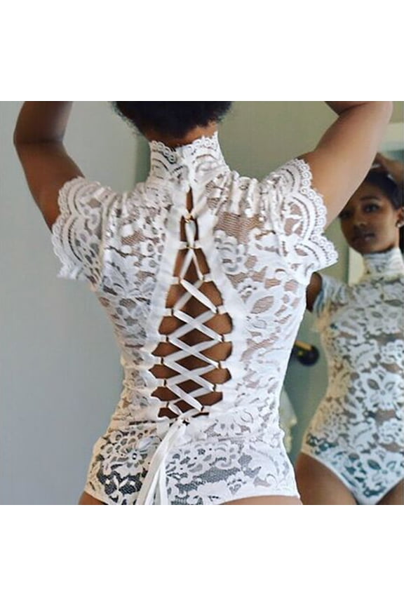 Womens Lace Bodysuit, Elegant Backless Teddy Lingerie, 1-Pack, Polyester Crisscross Lace Up Design for Nightwear White M