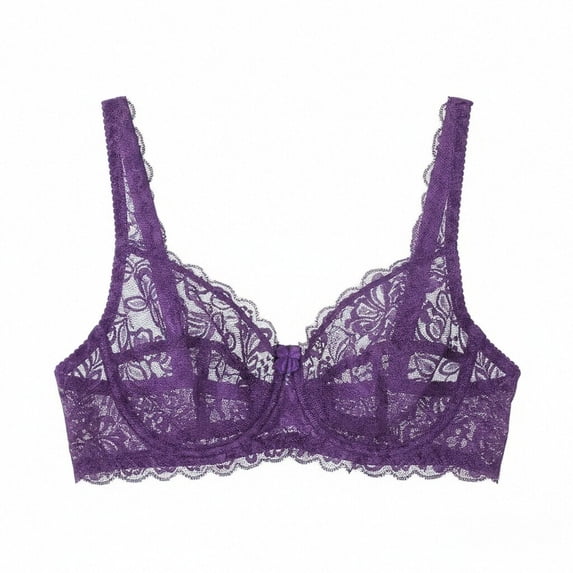 Womens Lace Bra No Underwire Irregular Trim Mesh Breathable Comfortable Push Up Bra Purples L