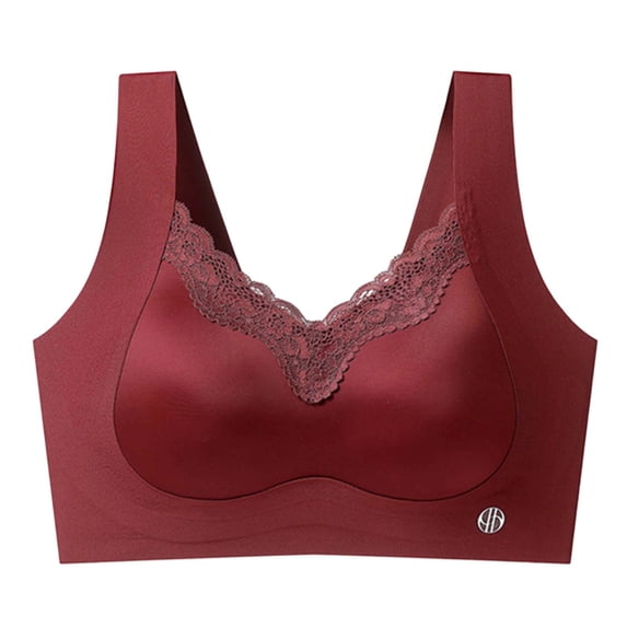 Womens Lace Bra V Neck Wide Shoulder Strap Solid Color Push Up No Underwire Underwear Wine L