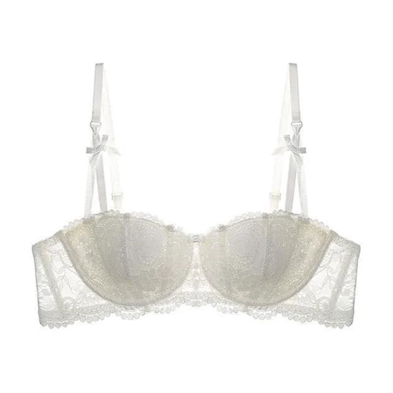 Womens Lace Bras Mesh Balconette See Through Bralette Unlined Underwire Embroidery Push Up Full Coverage Everyday Bra,White,36 C
