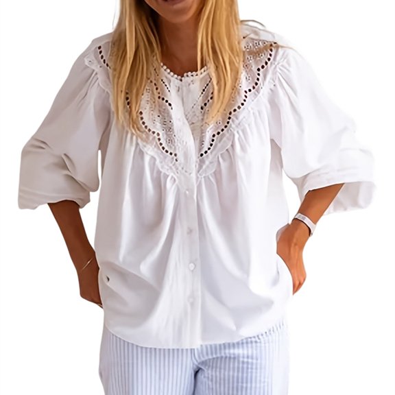 Womens Lace Button Down Puff Long Sleeve Babydoll Blouses Dressy Casual Crew Neck Pleated Loose Fit Tops White XXL