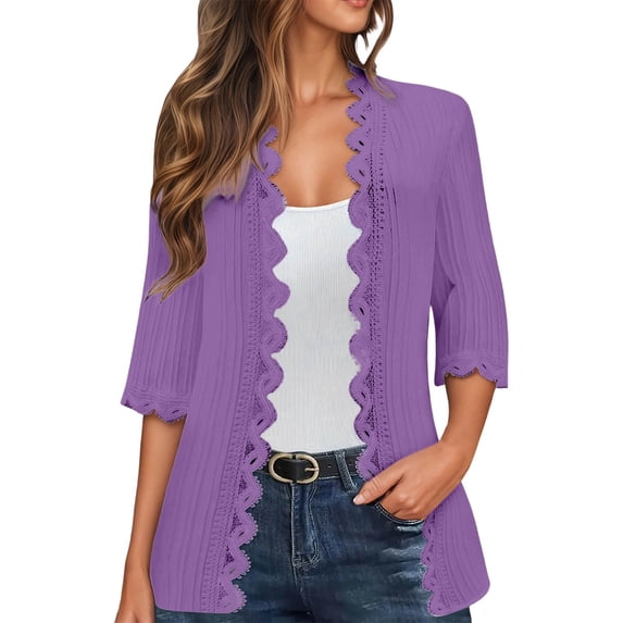 Womens Lace Cardigan Fashion Lightweight 3/10 Sleeve Tops Coat Boho Solid Color Open Front Lace Cardigans