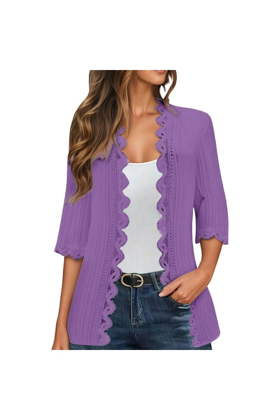 Womens Lace Cardigan Fashion Lightweight 3/11 Sleeve Tops Coat Boho Solid Color Open Front Lace Cardigans