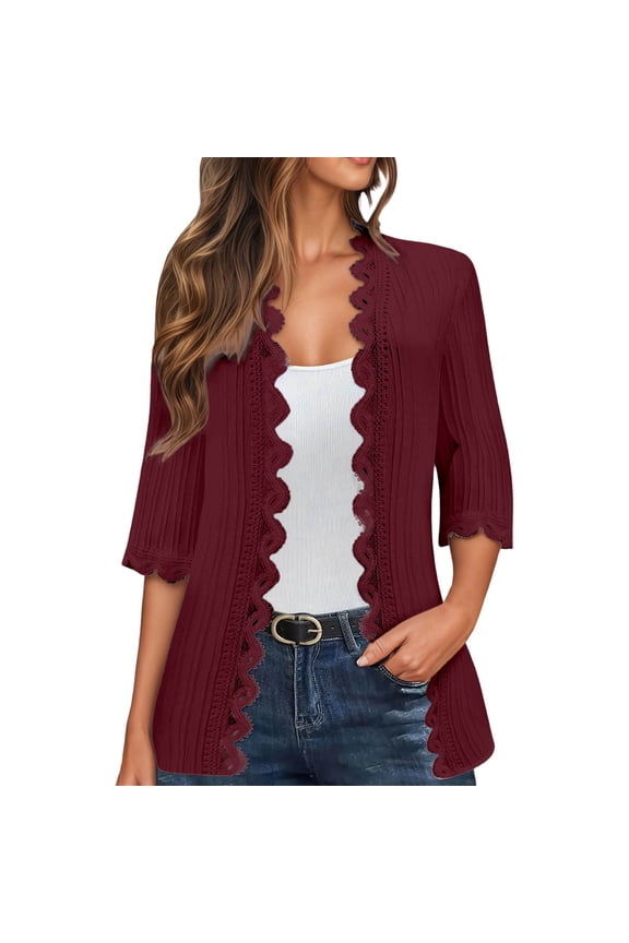 Womens Lace Cardigan Fashion Lightweight 3/21 Sleeve Tops Coat Boho Solid Color Open Front Lace Cardigans