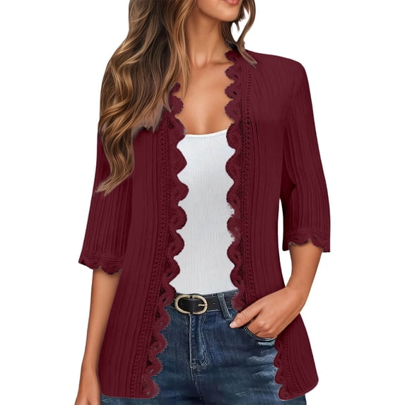 Womens Lace Cardigan Fashion Lightweight 3/23 Sleeve Tops Coat Boho Solid Color Open Front Lace Cardigans