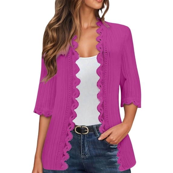Womens Lace Cardigan Fashion Lightweight 3/8 Sleeve Tops Coat Boho Solid Color Open Front Lace Cardigans