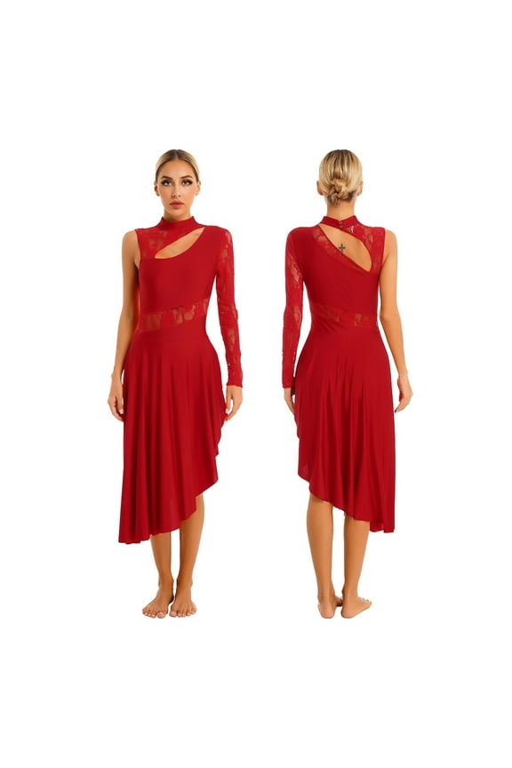 Womens Lace Contemporary Ballet Lyrical Dance Costumes Adult Artistic Skating Latin Dance Dress Asymmetrical Leotard Waltz Dress