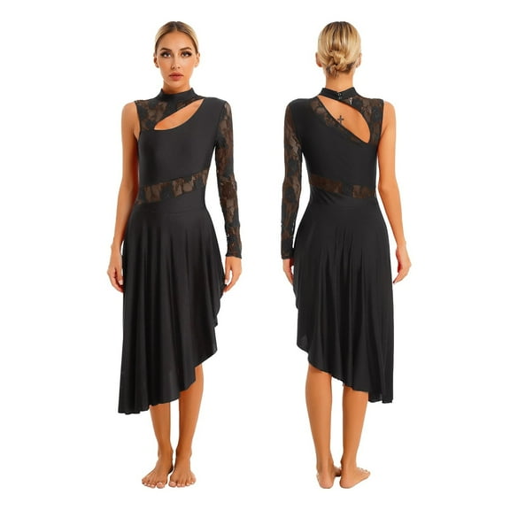 Womens Lace Contemporary Ballet Lyrical Dance Costumes Adult Artistic Skating Latin Dance Dress Asymmetrical Leotard Waltz Dress