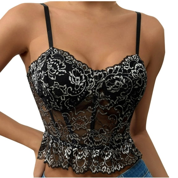 Womens Lace Corset Crop Tops Summer Vintage Mesh Ruffle Hem Boned Bustiers Slimming Spaghetti Strap Bralette Bodysuit, Black, M