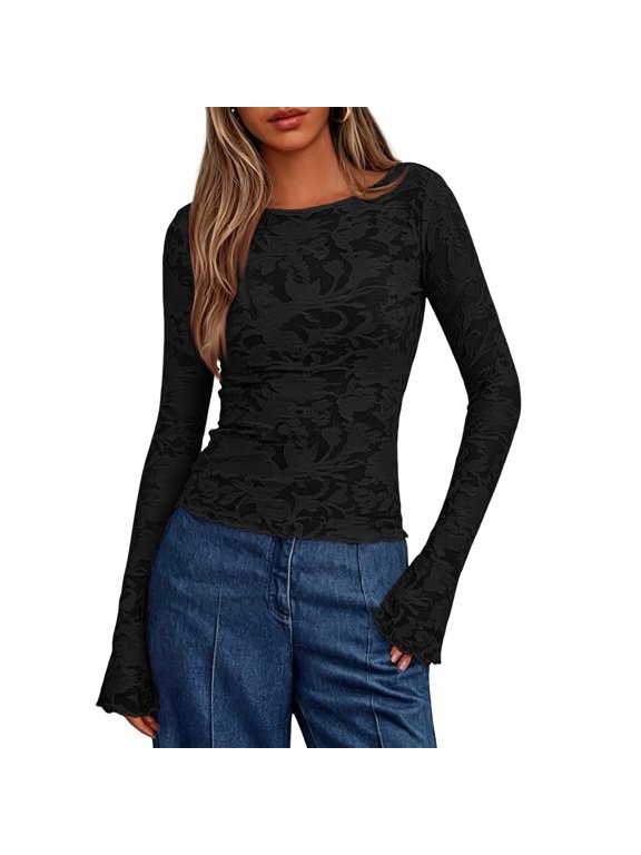 Womens Lace Crew Neck Bell Long Sleeve Solid Color Crop Tops Floral Mesh Blouse Fall Spring,M