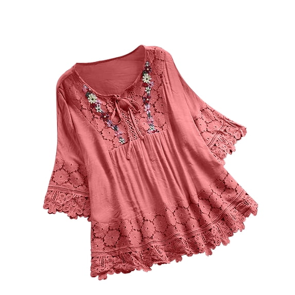 Womens Lace Crochet Eyelet Tops Flowy Short Sleeve Plus Size Casual 3/4 Bell Sleeve T Shirts Blouses