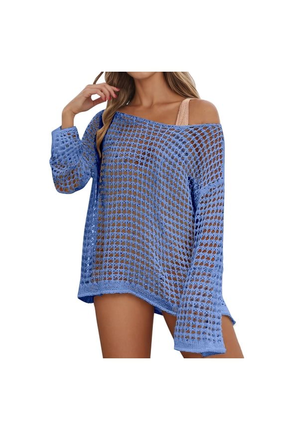 Womens Lace Crochet Knit Beach Cover Up Dress Lightweight See Through Tunic Swimsuit Cover Up Bathing Suit Summer Boho Sheer Sun Protection Blue M