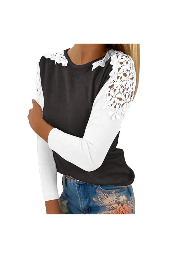 Womens Lace Crochet Shirts Flowy Oversized Tshirts Ladies Long Sleeve Round Neck Tops Loose Fit Blouse Winter Trendy, Limited Time Offer Under 10 Dollars
