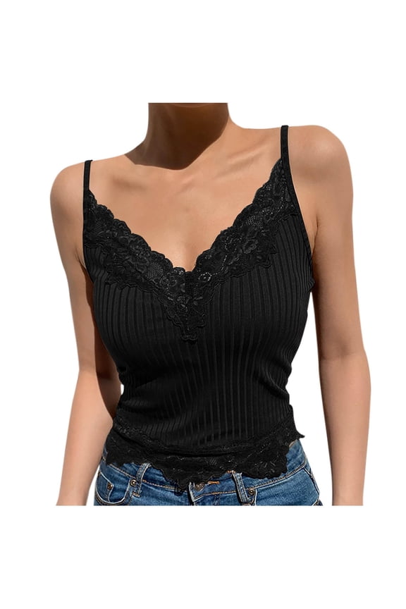 Womens Lace Deep V Neck Vests Summer Camis Tank Tops Low Cut Tank Tops For Women Spaghetti Straps Sleeveless Black S