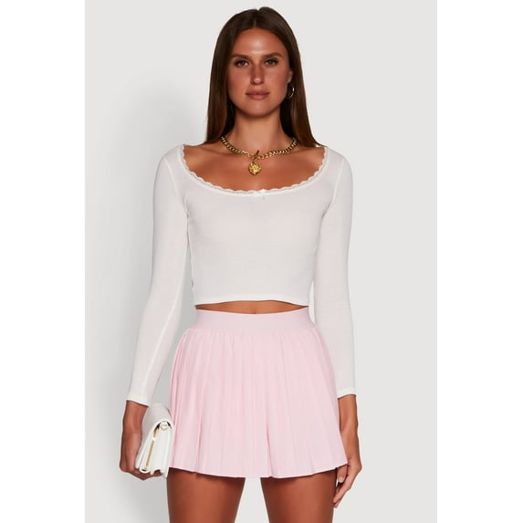 Womens Lace Detail Scoop Neck Long Sleeve Crop Top