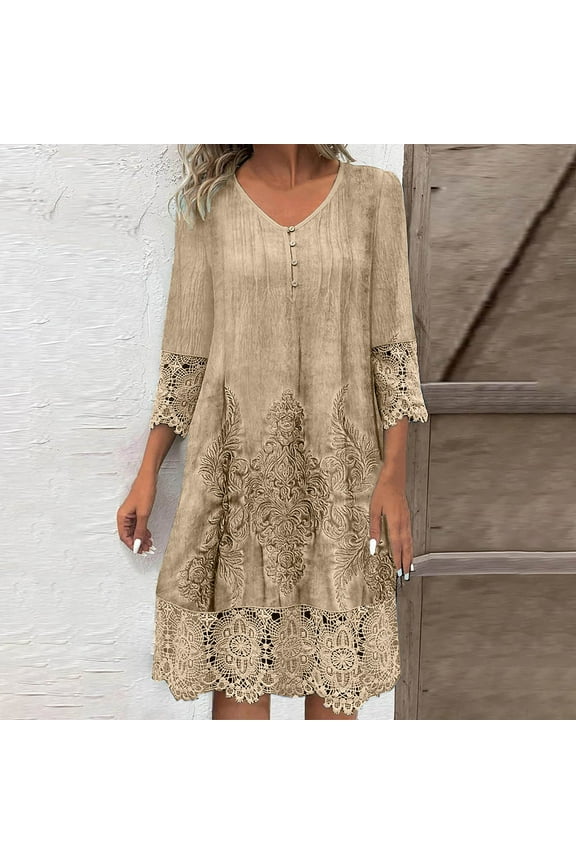Womens Lace Dress 2025 Elegant Boho Floral Embroidery Midi Dresses Flowy Beach Vacation Wedding Guest Dressy