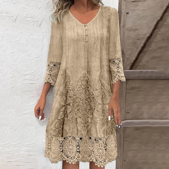 Womens Lace Dress 2025 Elegant Boho Floral Embroidery Midi Dresses Flowy Beach Vacation Wedding Guest Dressy