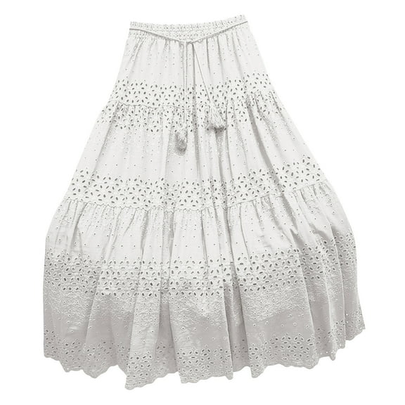 Womens Lace Flare Skirts Vintage High Waist Flowy Beach Vacation Long Maxi Skirts Casual Going Out Outfits White, Free Size