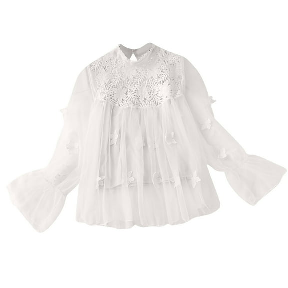 Womens Lace Flared Long Sleeve Blouse Lace Poplin Ruffle Mesh Crew Neck Swing Babydoll Tops Elegant Loose Shirts