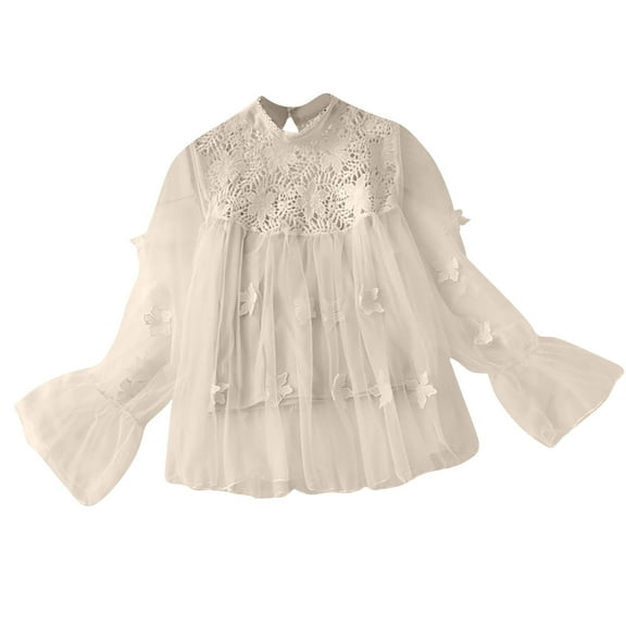 Womens Lace Flared Long Sleeve Blouse Lace Poplin Ruffle Mesh Crew Neck Swing Babydoll Tops Elegant Loose Shirts