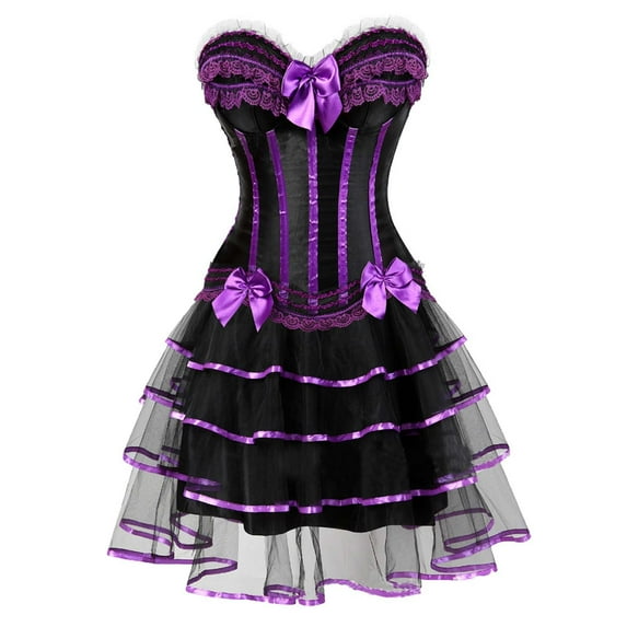 Womens Lace Goth Court Corset Sexy Sleeveless Body Shapewear Sets Plus Size Retro Dress Stapless Vintage Party Dress