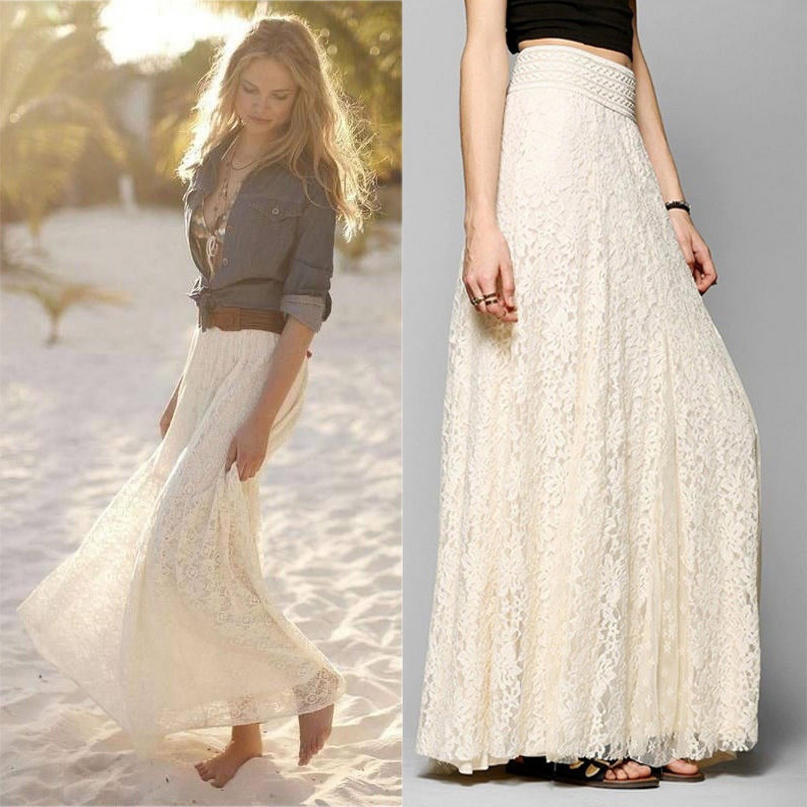 Womens Lace Layered Hitched Maxi Skirt A Line Gypsy Boho Long Asymmetric  Summer