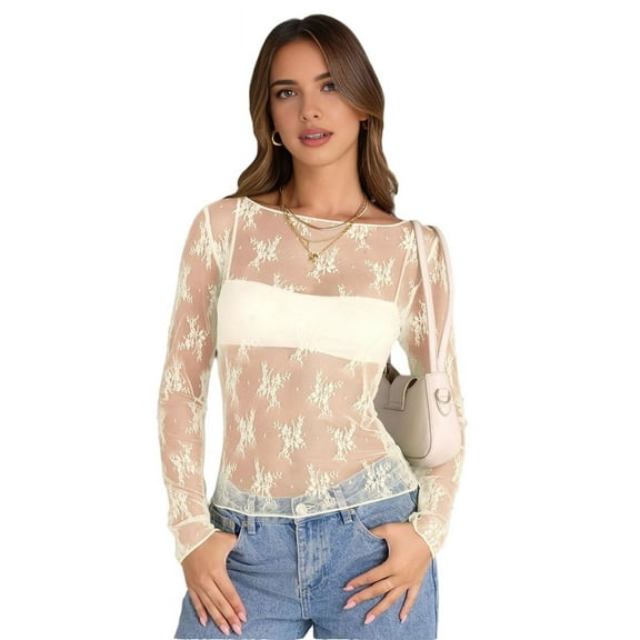 Womens Lace Long Sleeve Boat Neck Tops Embroidery Sheer Blouse See Through Shirt Mesh Top Beige XL